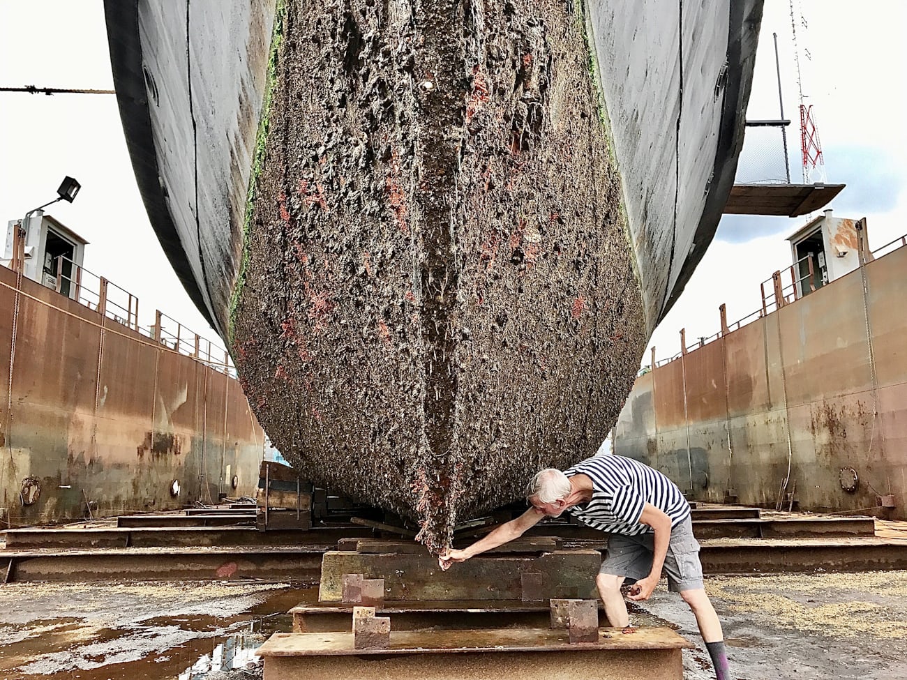 A ship's hull in dry dock